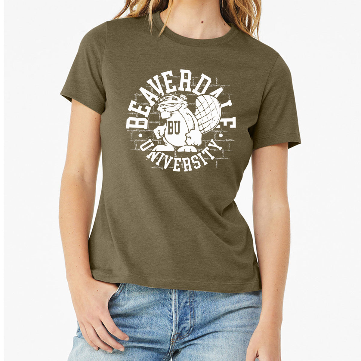 "Beaverdale University, Beaver Circle" - Ladies' Relaxed Heather CVC Short-Sleeve T-Shirt