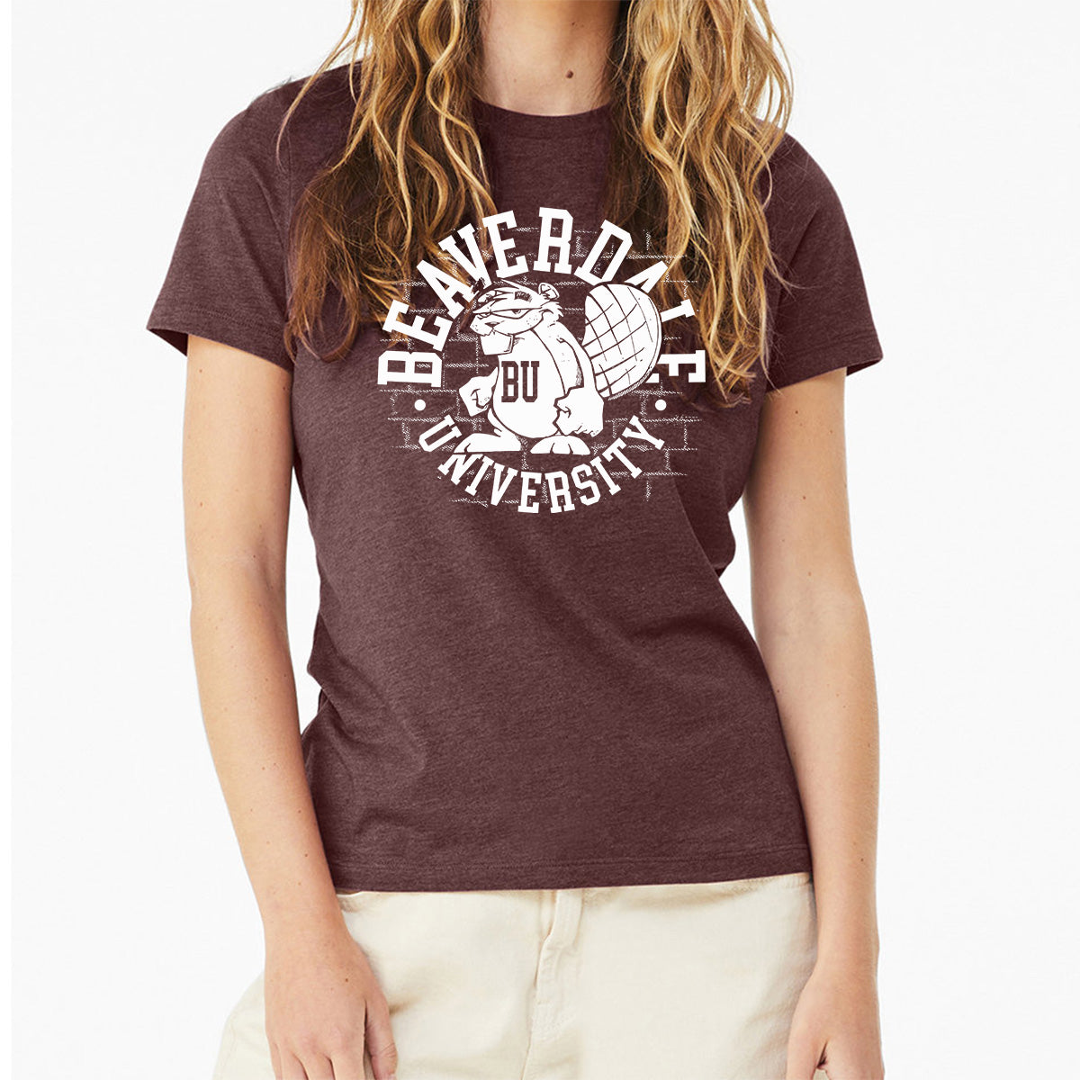 "Beaverdale University, Beaver Circle" - Ladies' Relaxed Heather CVC Short-Sleeve T-Shirt